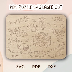 May include: A digital download of a kids puzzle SVG laser cut file featuring a variety of vegetables, including a pumpkin, corn, carrots, onions, and a tomato. The design is perfect for creating a fun and educational puzzle for children.