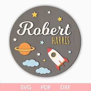 Weltraum Kinderzimmer Schild svg, Baby Namensschild svg, Kosmos Kinderzimmer Namensschild svg, Weltraumrakete rundes Zeichen svg, Kinderzimmer Holz laser geschnittenes Schild