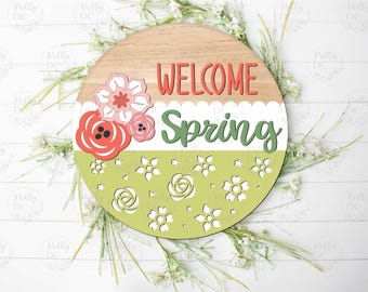 Spring Easter Door Hanger SVG, Welcome Spring Round Sign laser cut file, Spring sign laser cut design, Glowforge svg