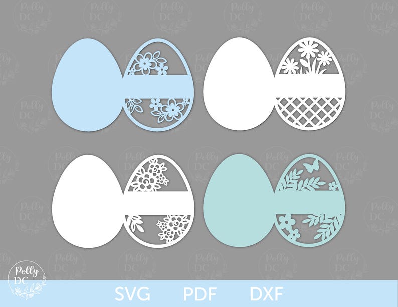 May include: Four different Easter egg designs for cutting. Each design features a different floral pattern and a blank space for adding a name or message. The designs are in white and light blue.