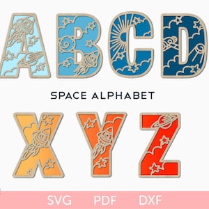 Alfabeto spaziale SVG, file tagliato al laser, lettere spaziali, 26 lettere dell'alfabeto dalla A alla Z, alfabeto per bambini, lettere a strati, monogrammi di lettere per bambini