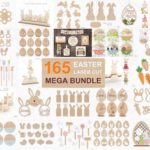 Mega Bundle di Pasqua tagliato al laser, etichette pasquali, porta uova, ornamento appeso, cartello rotondo, appendino per porta, scaffale, Glowforge SVG