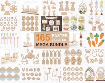 Easter Laser Cut Mega Bundle, Easter Tags, Egg Holder, Hanging Ornament, Round Sign, Door Hanger, Shelf Sitter, Glowforge SVG