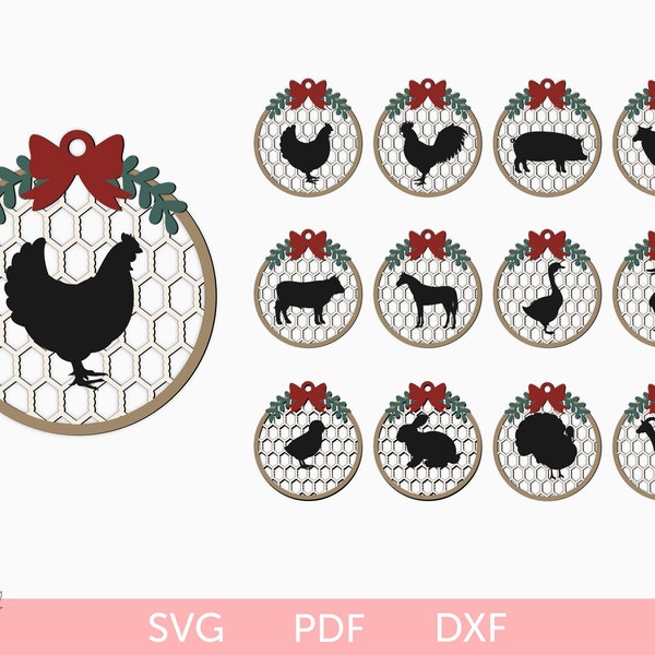 Farmhouse animal ornament SVG laser cut file, Farmhouse Chicken Wire ornament, Farmhouse round ornament, Farm animals ornament svg glowforge