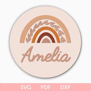 Svg de signe de chambre d'enfant arc-en-ciel Boho, nom de bébé svg, signe de nom de chambre de bébé Boho svg, signe rond arc-en-ciel svg, enseigne en bois découpée au laser pour chambre d'enfant