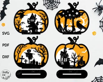 ハロウィン パンプキン シェルフ シッター svg、レイヤード パンプキン svg、ハロウィン デコレーション レーザー カット ファイル、Cricut 用ハロウィン ファイル、Glowforge svg