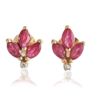 Pendientes de loto con rubí y diamantes para mujer, pendientes de rubí natural con talla marquesa, pendientes con cierre de presión, delicados pendientes para el cartílago