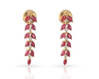 Gold Dangling Earrings with Ruby Stones & Sparkling Diamonds