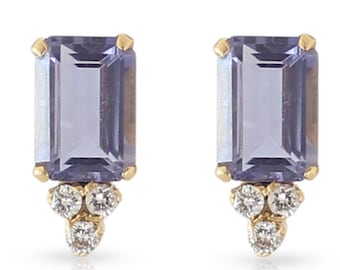 Natural Iolite and Diamond Earrings, 18K Gold iolite Stud Earrings, Push back earring, Gift for Women