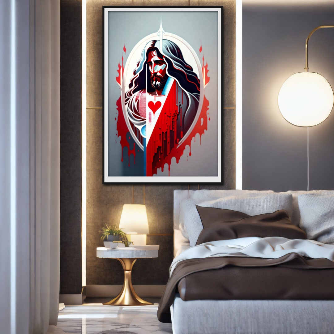 Sacred Heart of Jesus Catholic Art Decor Portrait Wall AI Generated