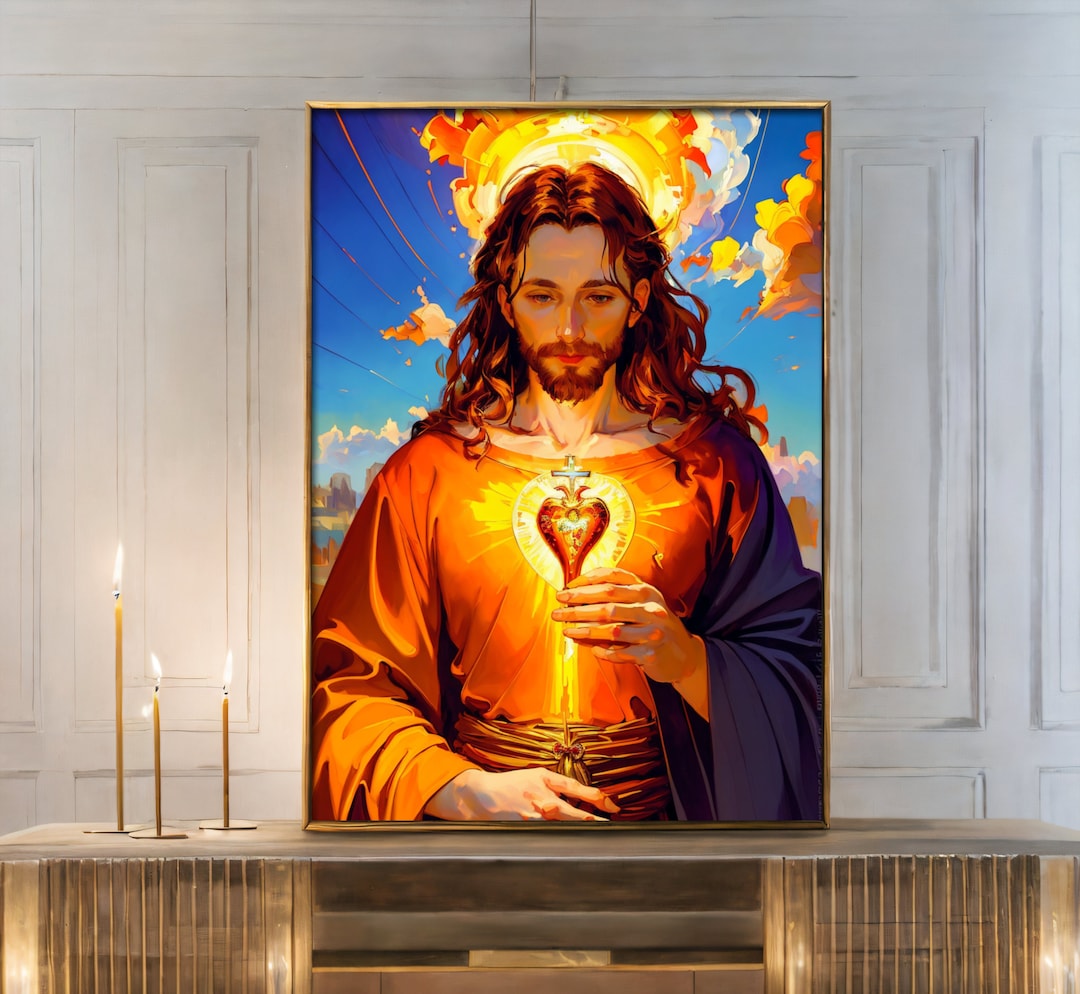 Sacred Heart of Jesus Catholic Art Decor Portrait Wall AI Generated