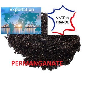 May include: A close-up of a pile of dark, granular material with the word PERMANGANATE in red text. The image includes a graphic of a world map with the word Exportation and a French flag graphic with the words MADE IN FRANCE.