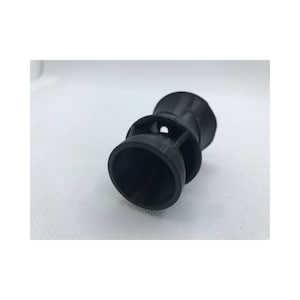 May include: A black plastic 3D printed nozzle with a round opening and a series of internal fins.