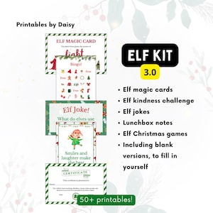 Kit de elfo, jogos de cartas de natal, bingo, caça-palavras, caça ao tesouro, notas, desafio de gentileza, cartas mágicas, editável no Canva, PDF para impressão