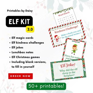 Elf kit, christmas card games, bingo, word search, scavenger hunt, notes, kindness challenge, magic cards, editable in Canva, printable PDF
