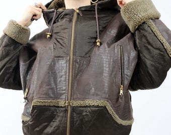 Vintage 80s 90s LEATHER SOUND leather jacket, lightly lined, hooded, size 36