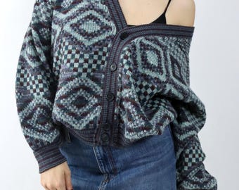 Vintage 80s 90s F. MORRI Cardigan Wool Cardigan Knit Jacket Wool Patterned M