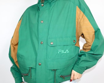 Vintage 80s 90s FILA thin jacket, transitional jacket, green beige with hood, size L