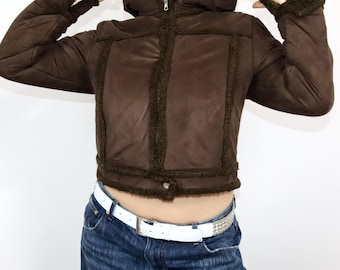 Chaqueta ESSENZA vintage de los años 80 y 90, estilo Y2K, forrada, marrón, con capucha, talla S/Meter