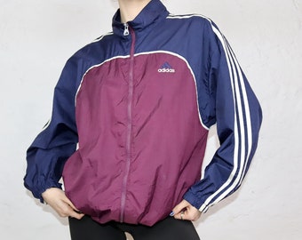 Vintage jaren '80 jaren '90 ADIDAS windjack opstaande kraag donkerblauw donkerrood L