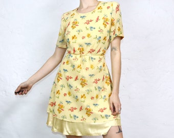 vintage années 80 90 robe courte motif floral manches courtes évasées 38