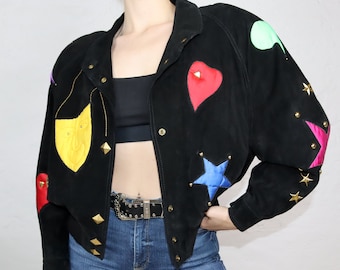 Vintage 80s 90s YESSICA chaqueta de ante chaqueta bomber hombreras ligeramente forradas negro colorido oro 36