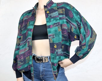 Vintage 80er 90er Seidenblouson Bomberjacke Seide crazy pattern M