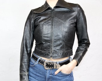 Vintage 70s 80s leather jacket nappa leather point collar short black XS/S