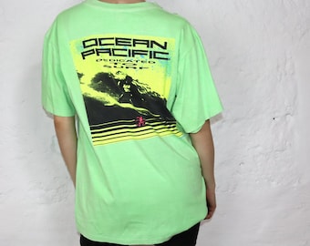 Vintage Rare Ocean Pacific T-Shirt neon green print 1990 L/XL