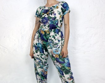 Vintage 80s 90s EQUATION one-piece overall short sleeve crazy pattern floral pattern S
