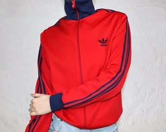 Vintage 80er 90er ADIDAS Trainingsjacke Jacke Stehkragen eng dunkelblau rot M