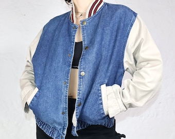 Vintage 80re 90er GREAT LAND Baseballjacke Jacke Denim beige blau S