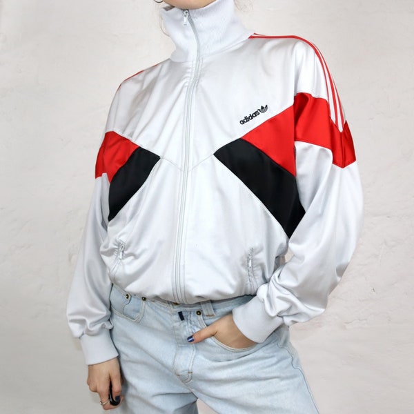 Vintage 80er 90er ADIDAS Trainingsjacke Jacke Stehkragen grau rot D6 M