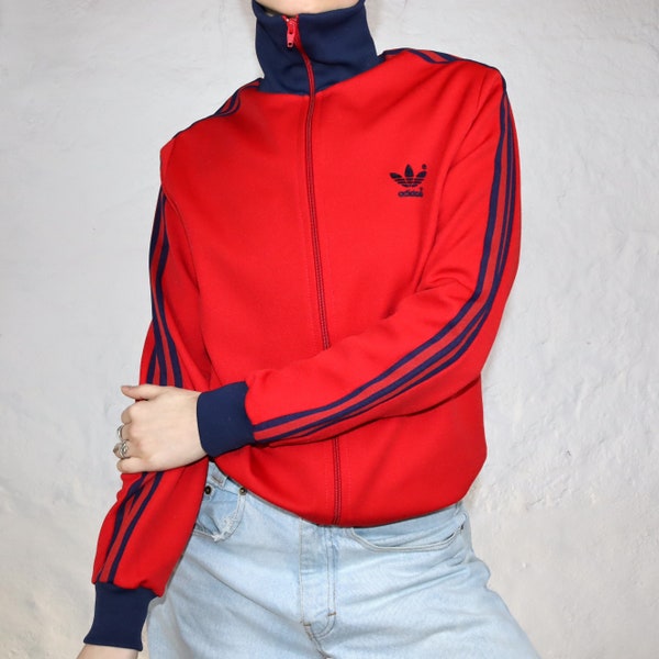 vintage années 80 90 ADIDAS veste d’entraînement veste col montant serré bleu foncé rouge M