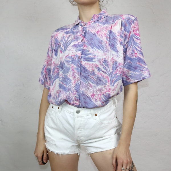 Vintage 80s 90s blouse short sleeve crazy pattern lilac pink white shoulder pads M/L