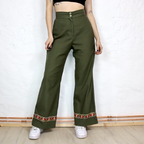 Vintage 70er 80er Marlenehose Hose highwaist Stickerei khaki dunkelgrün weites Bein 38