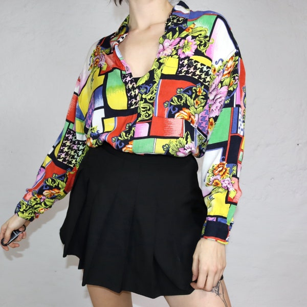 Vintage 80s 90s blouse viscose long sleeve crazy pattern colorful baroque M