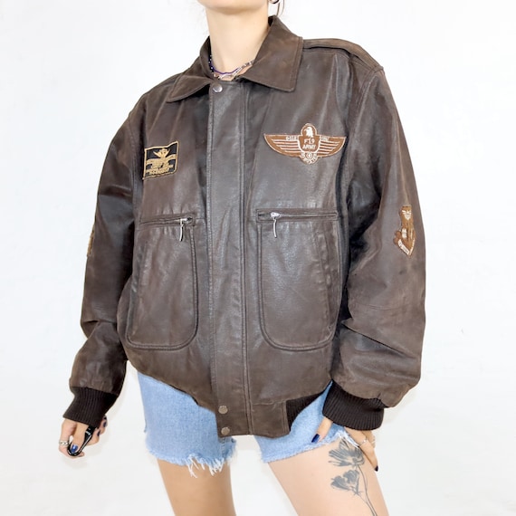 Vintage 80s 90s MONTES Leather Biker Jacket, Dark Brown, Army Size