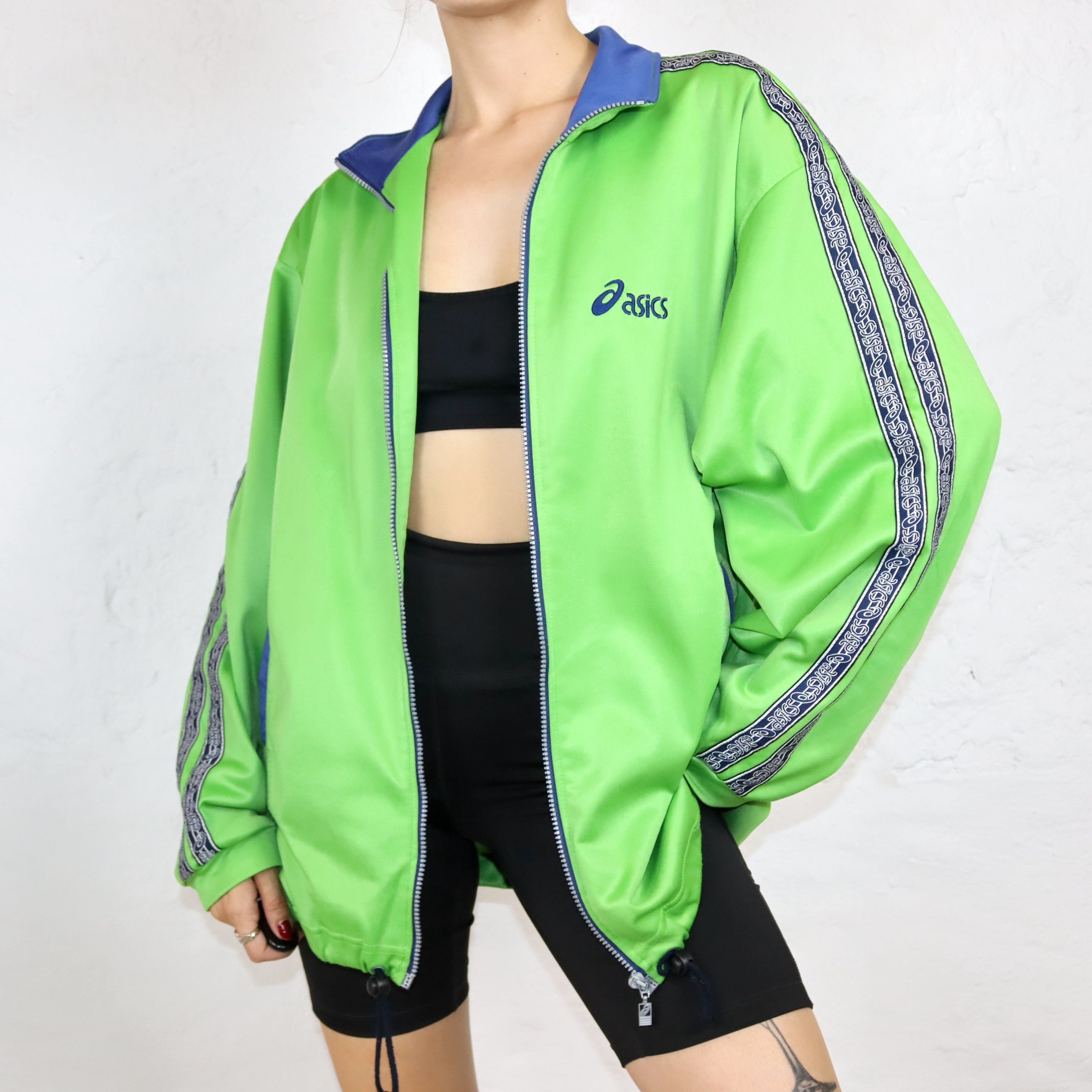 Vintage 80s 90s ASICS Track Jacket, Stand-up Collar, Green/dark