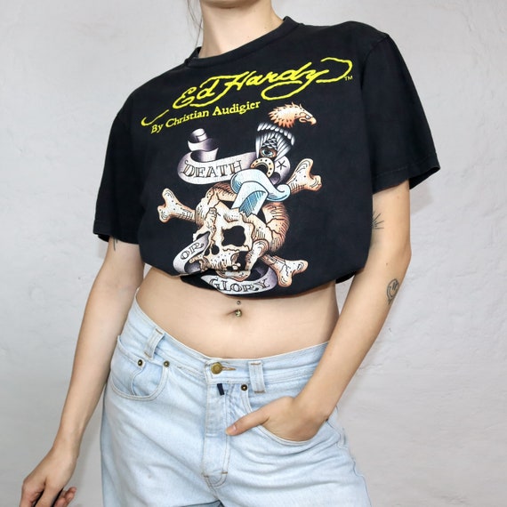 Vintage 80s 90s ED Hardy T-shirt Short Sleeve Print Black Colorful