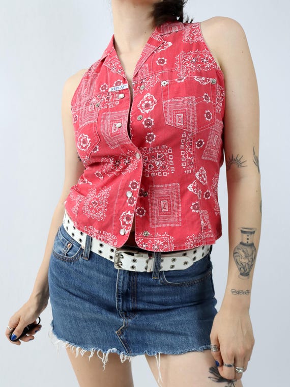 Replay, Vintage 80er 90er REPLAY & SONS Bluse Hemd ärmellos Western rot weiß M