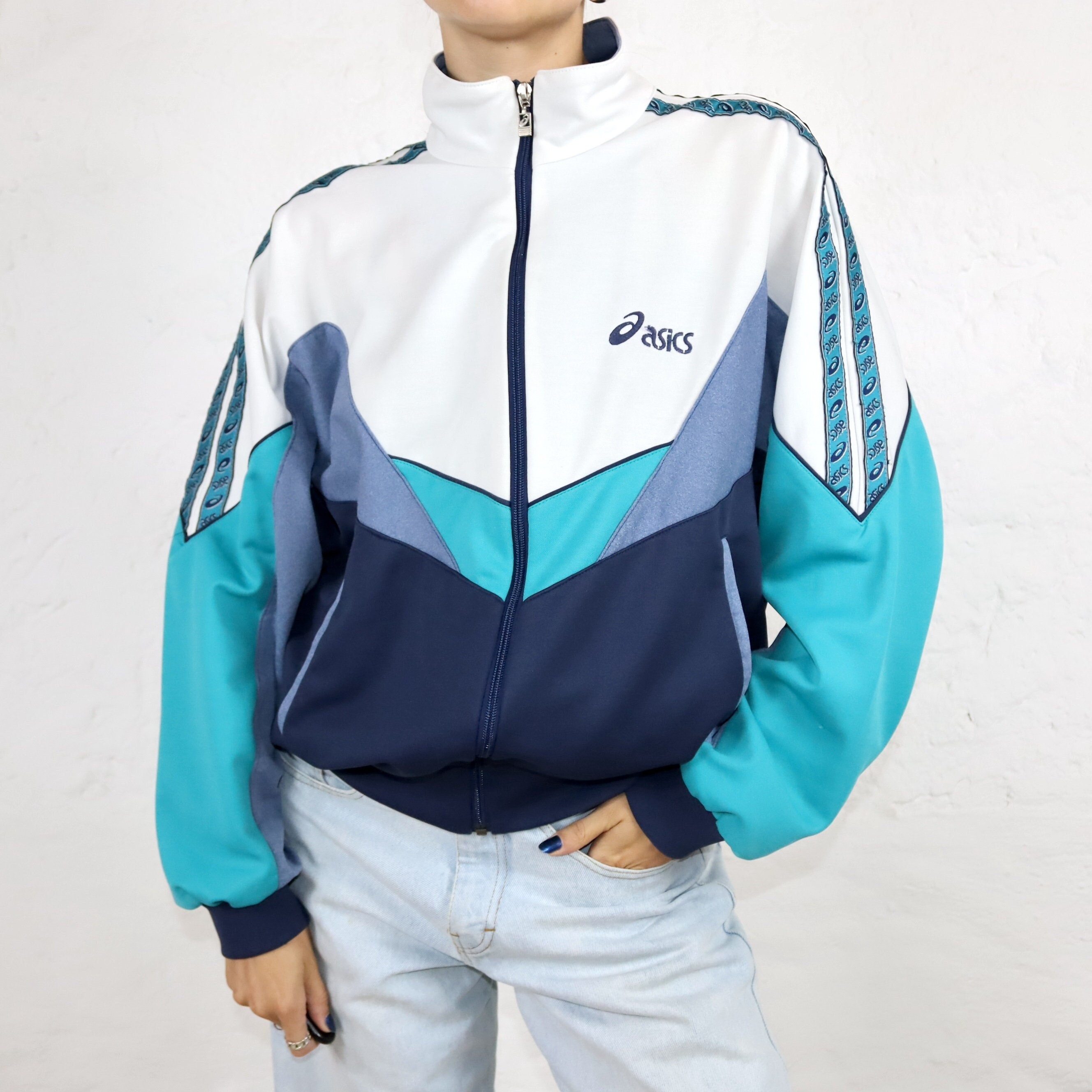Vintage 80s 90s ASICS Training Jacket Stand up Collar Blue White Turquoise 52 L Etsy Denmark