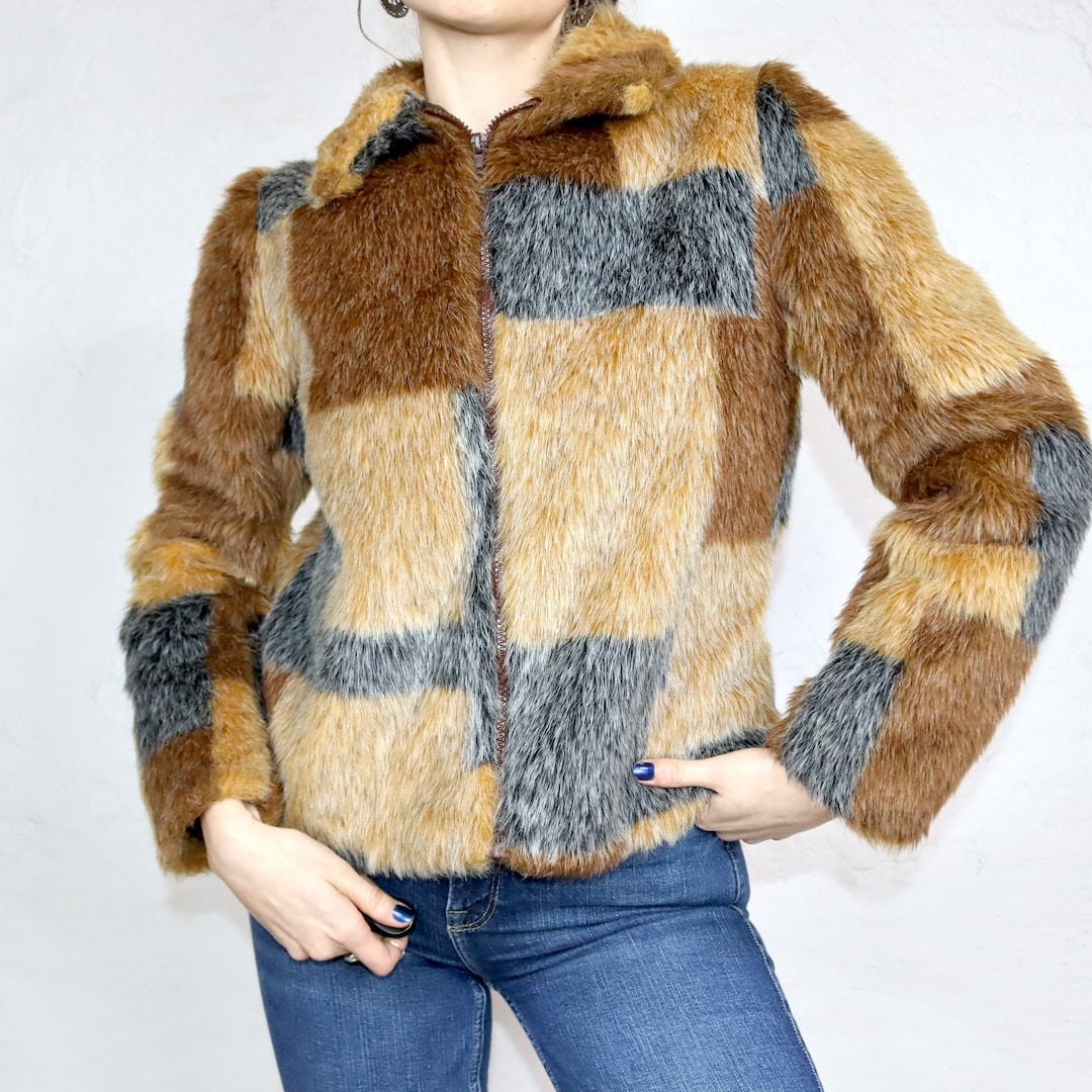 Vintage 90er 00er Y2k ORSAY Felljacke Faux Fur Muster braun