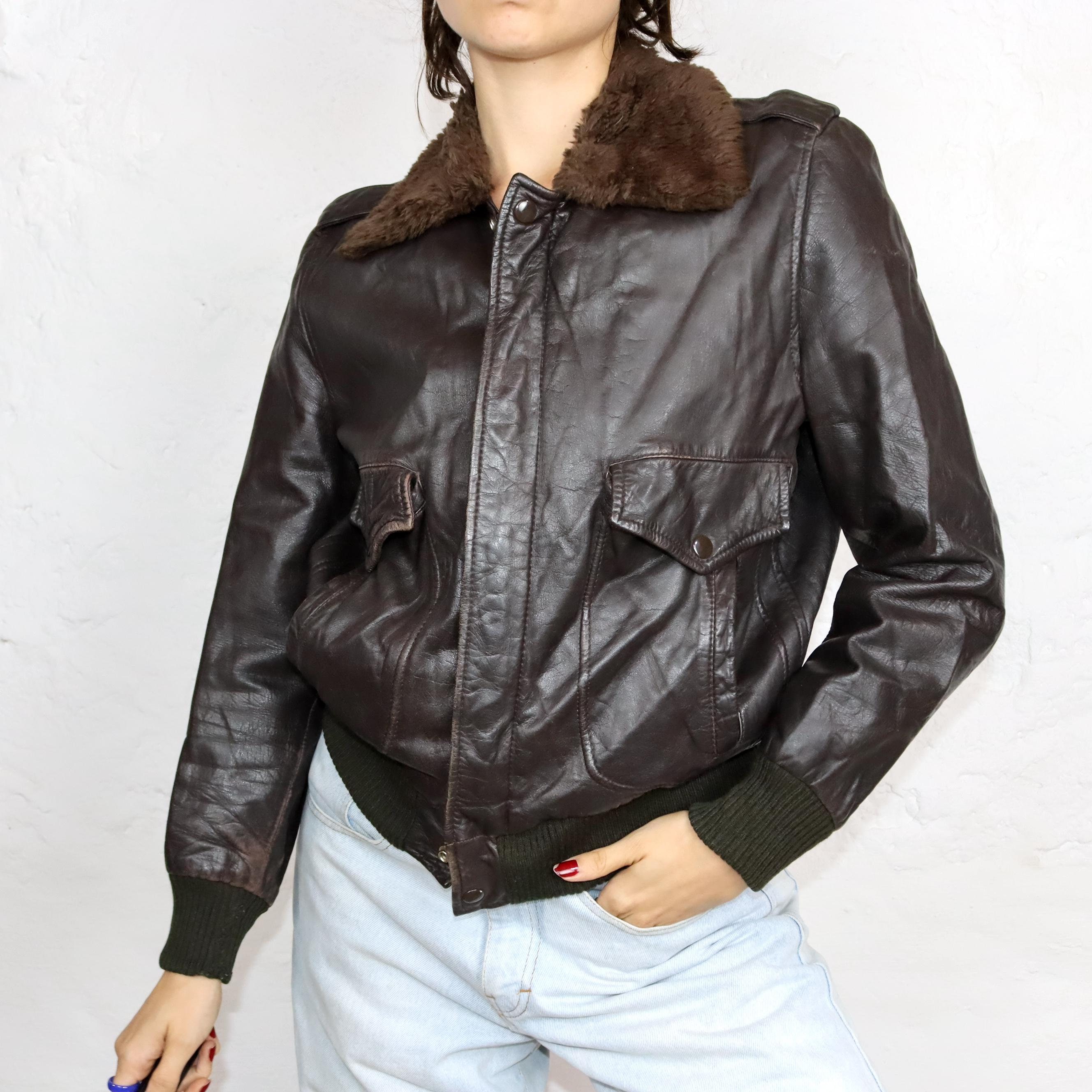 Vintage 80s 90s Leather Jacket Pilot Jacket Dark Brown Faux Fur