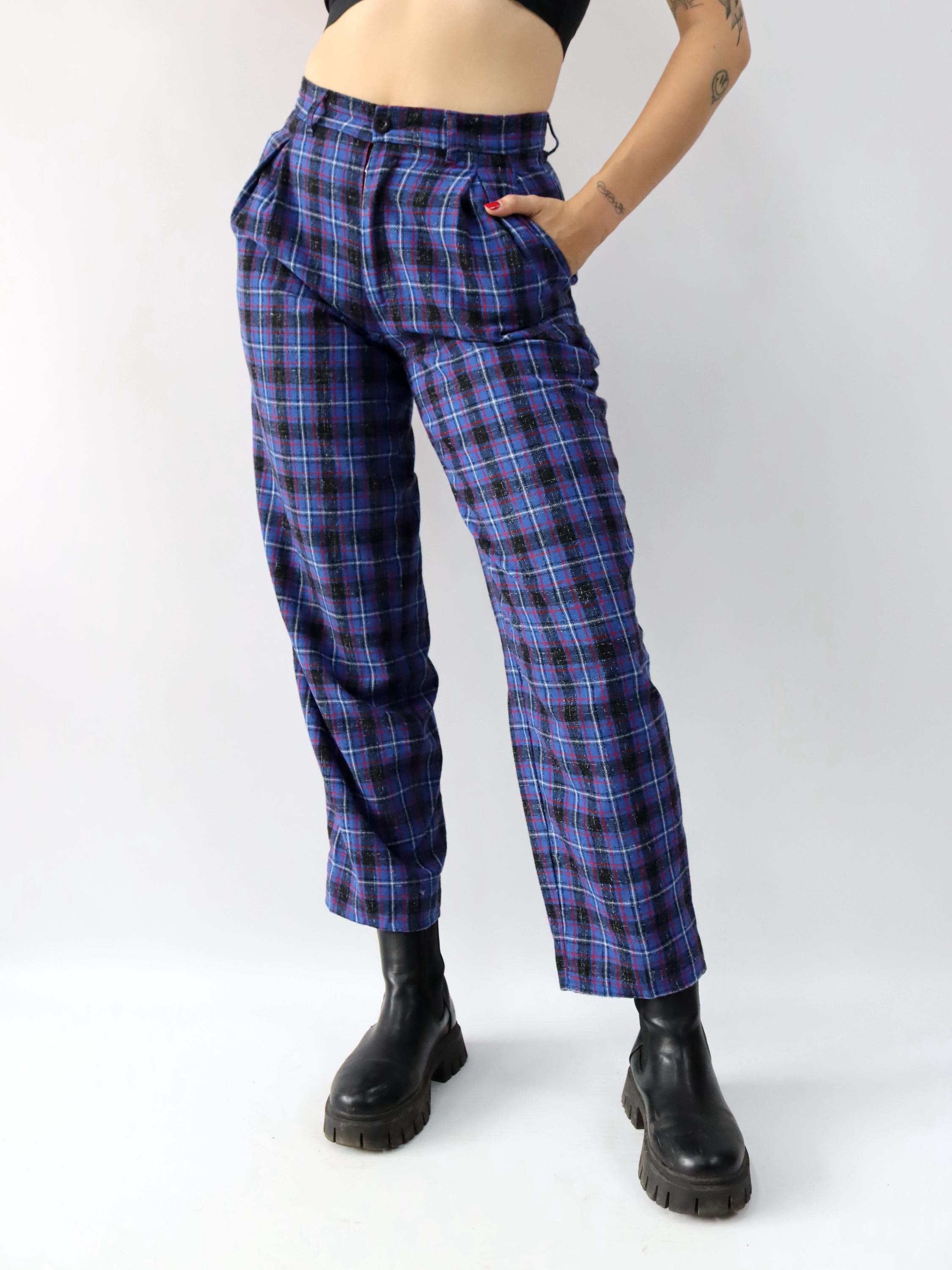 Vintage 80s 90s COMIC Wool Trousers Pleated Trousers Checked Blue
