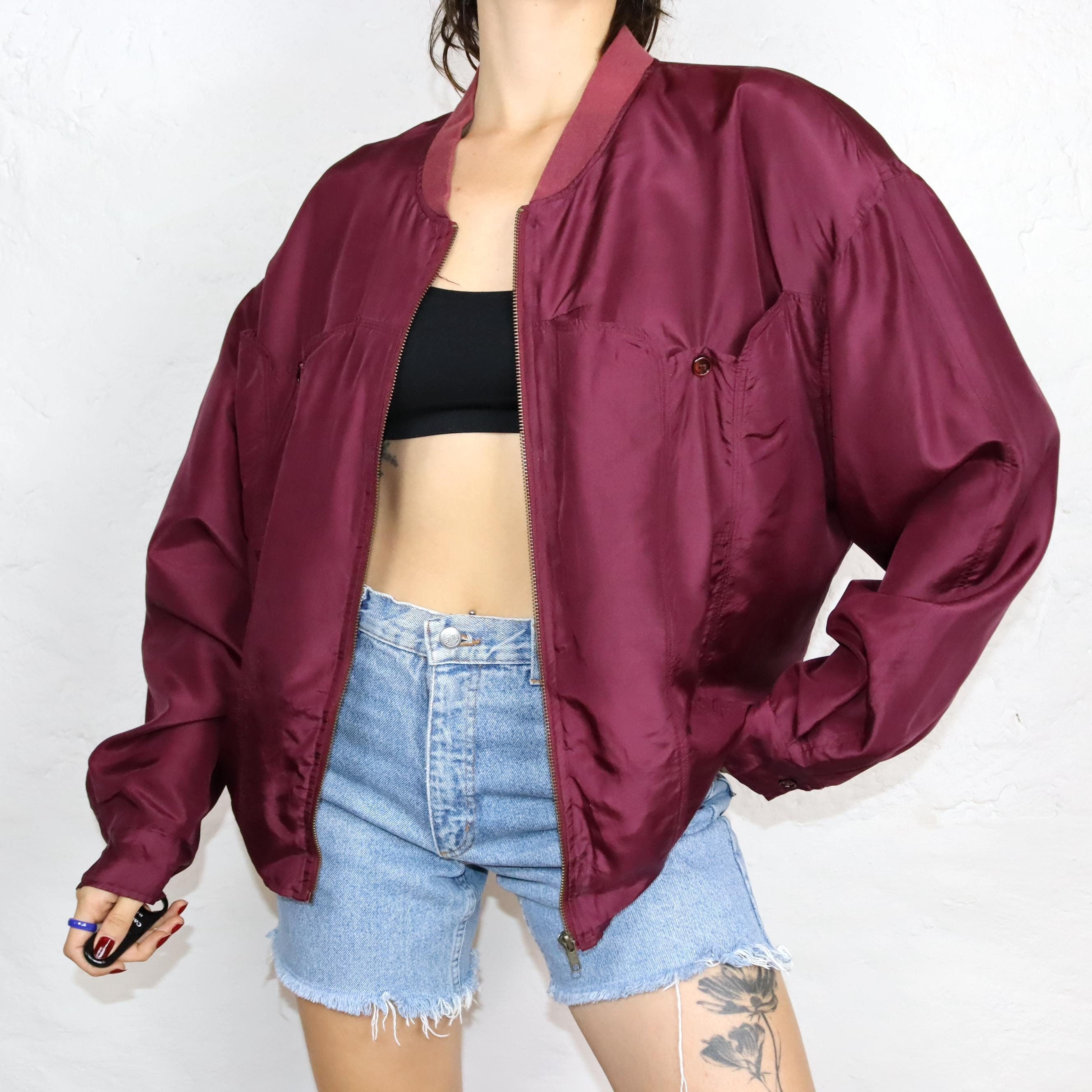 Vintage 80s 90s MONZA Silk Blouson Jacket Silk Shoulder Pads