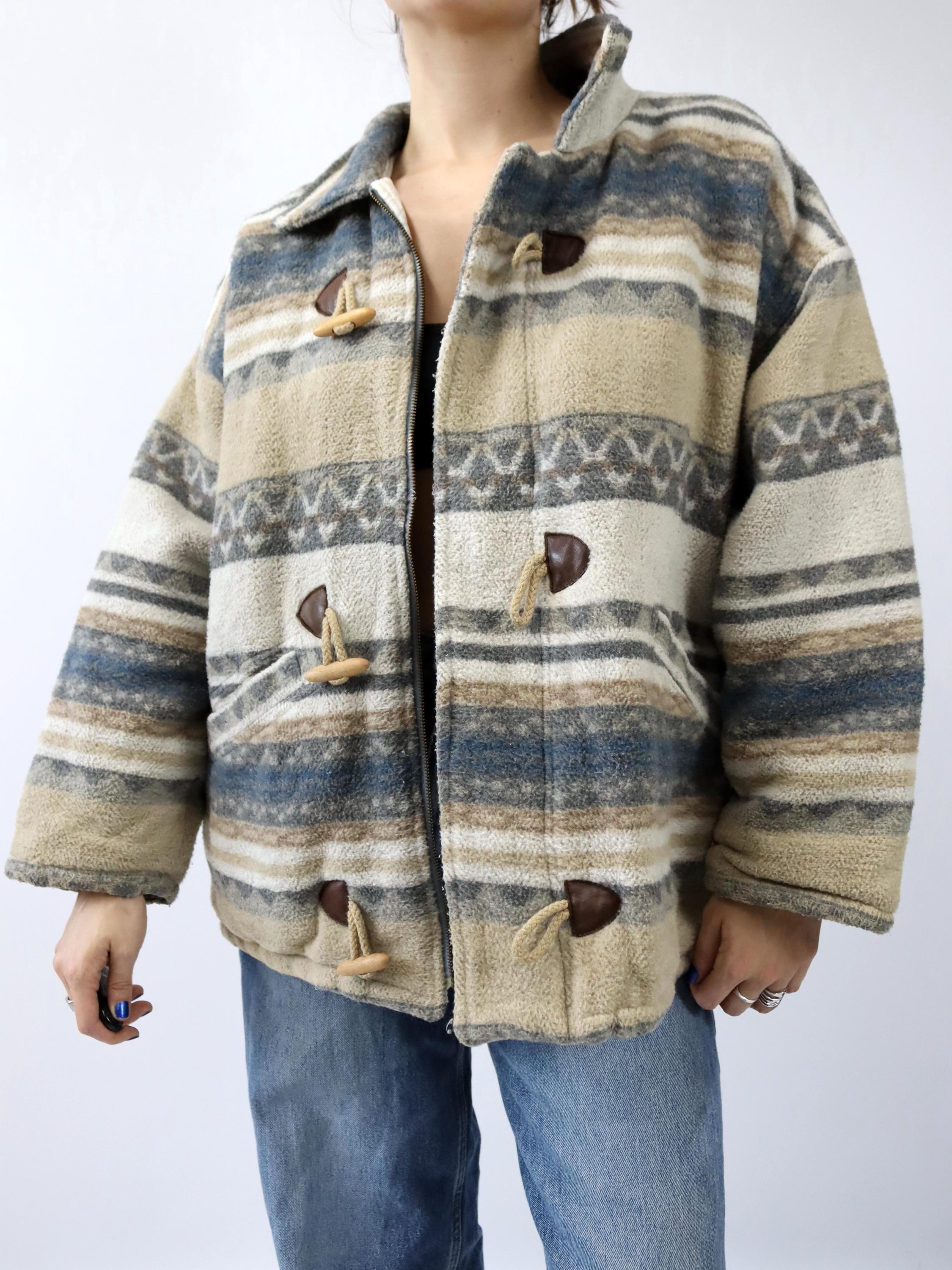 Vintage 80s 90s PRIMA VISIONA Wool Coat Navajo Beige Grey Brown 