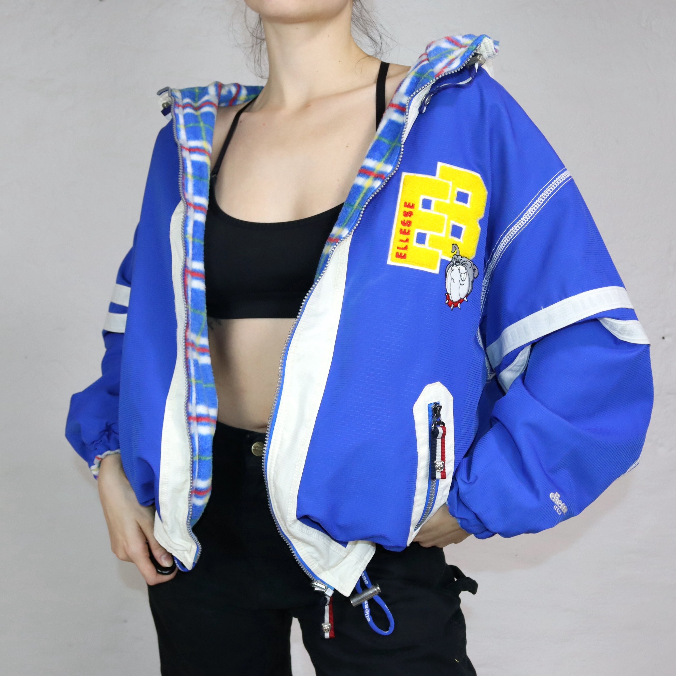Vintage Reversible Winter Jacket Blue Checked Fleece ELLESSE Bulldog L Etsy