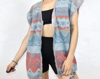 Vintage 80s 90s INDEED fleece vest zipper pastel crazy pattern XL
