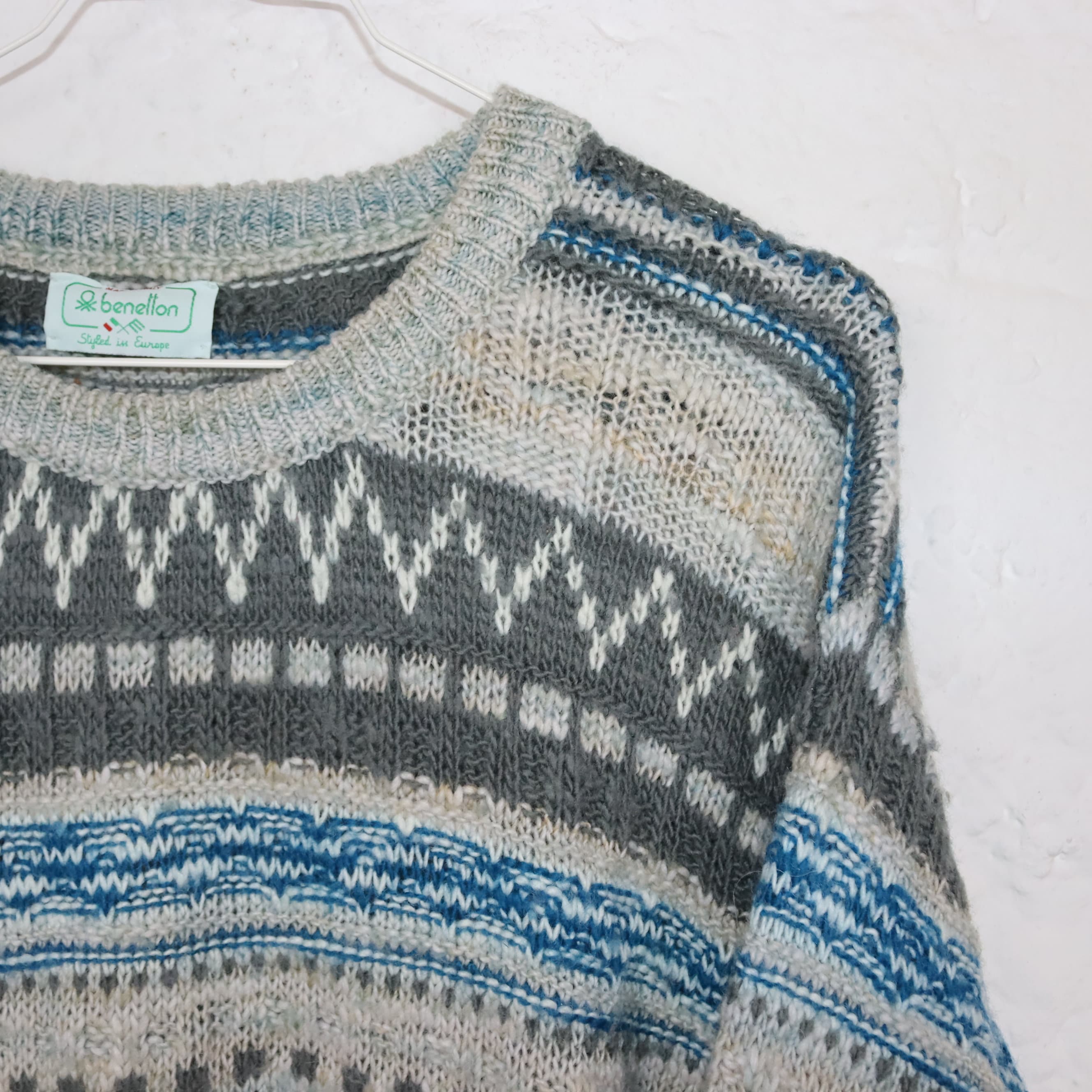 Vintage 80s 90s BENETTON Wool Sweater, Patterned, Blue, White 